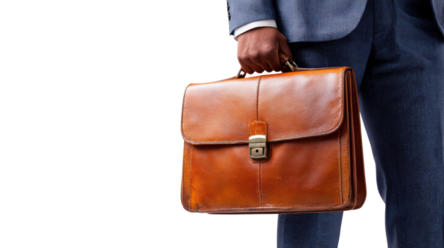 Businessman holding a stylish leather briefcase on white isolated background.
