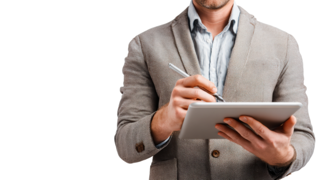 Businessman holding tablet and pen, isolated on white background. - Powered by Adobe