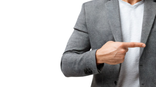 Businessman pointing with finger, isolated on white background. - Powered by Adobe