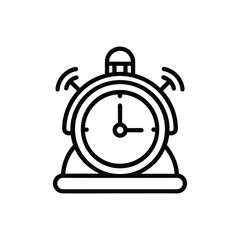 A black and white line art illustration of a vintage alarm clock with its bells ringing, indicating it is time.