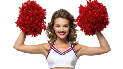 Cheerleader with red pom poms, smiling, energetic pose, white isolate background.
