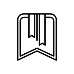 A minimalist black and white outline icon depicting an open book with multiple ribbon bookmarks protruding from the top.