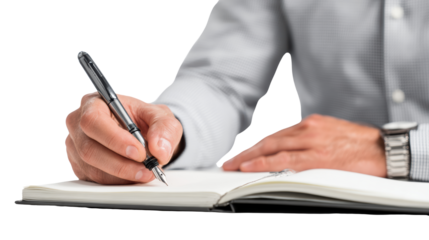 Close-up of a hand writing in a notebook with a pen on a white background.