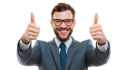 Confident businessman giving thumbs up, isolated on white background.