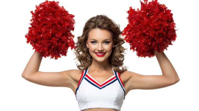Cheerleader with red pom poms, smiling, energetic pose, white isolate background.