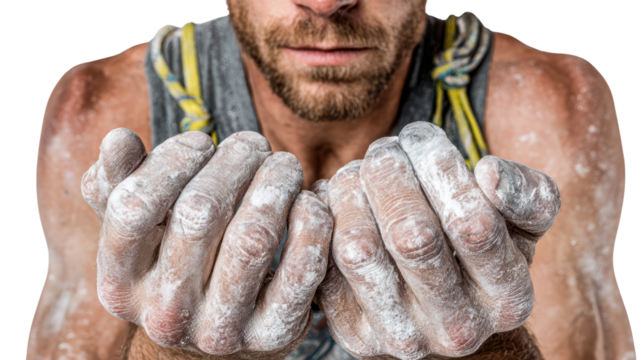 Close-up of a climber's chalk-covered hands, ready for rock climbing performance.