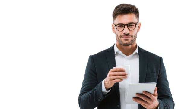 Confident businessman holding a tablet and coffee cup, showcasing modern work style.