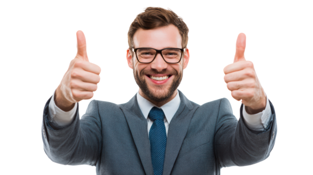 Confident businessman giving thumbs up, isolated on white background.