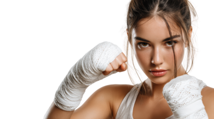 Female fighter in boxing stance, fierce expression, preparing for a match, white isolate background.