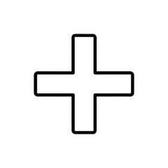 A bold, thick black outline of a plus sign on a clean white background. Simple geometric shape.