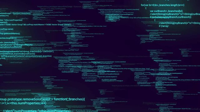 Flying animation of digital data information on blue background, digital code number abstract background, encrypted data technology concept