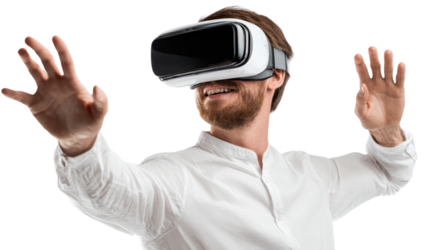 Man enjoying virtual reality experience with headset, isolated on white background. - Powered by Adobe