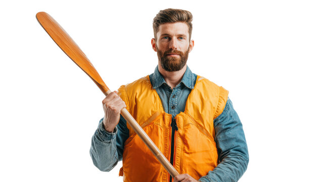 Man in an orange vest holding a wooden paddle, prepared for outdoor adventure, white isolated background.