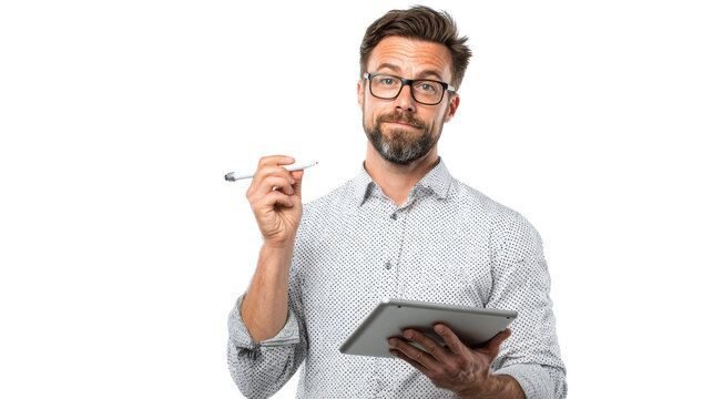 Man in shirt with tablet and pen, presenting ideas with a thoughtful expression, white isolated background.