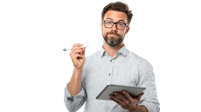 Man in shirt with tablet and pen, presenting ideas with a thoughtful expression, white isolated background.