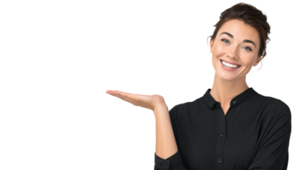 Smiling woman presenting with hand gesture, confident expression, professional attire, white isolated background.