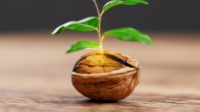 A small sprout emerges from a walnut shell