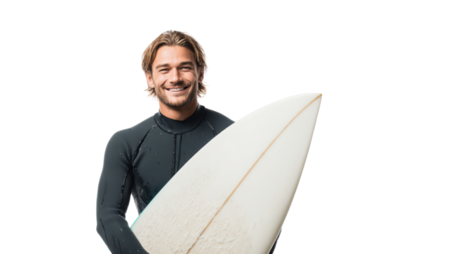Smiling surfer with a surfboard against a white isolate background.