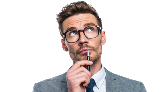 Thoughtful businessman in a suit, holding a pen, looking up with a contemplative expression, isolated on white background.