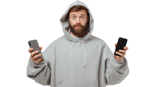 Young man in hoodie holding two smartphones, looking confused, isolated on white background.