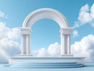 Fototapeta premium White Classical Arch with Blue Platform Against a Cloudy Sky
