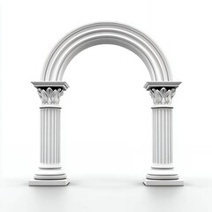 White Classical Arch with Fluted Columns on White Background