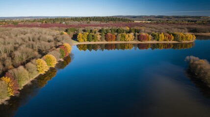 Autumnal trees mirroring in calm water under a blue sky aerial view
