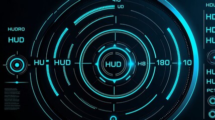 Glowing blue HUD interface with concentric circles readouts  text like HUDRO HUD  180 Black background