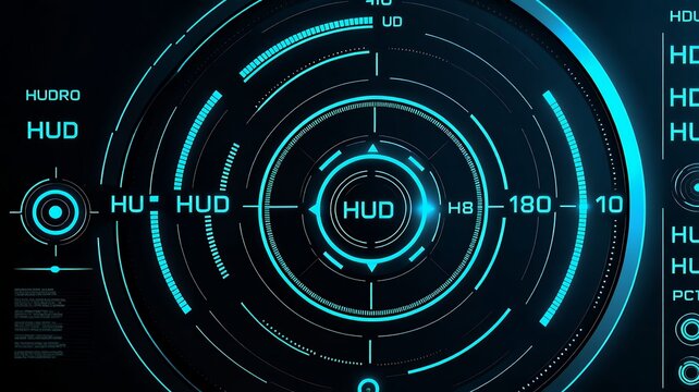 Glowing blue HUD interface with concentric circles readouts  text like HUDRO HUD  180 Black background