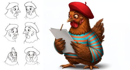 Naklejka premium Cartoon hen character with beret illustration