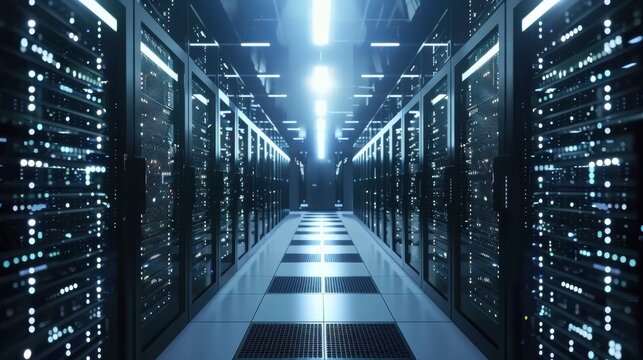 Technology background image showing a server room with rows of computers