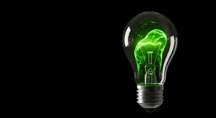 Light bulb idea concept for business and green energy. A lightbulb with green energy swirling inside, set against a stark black background.