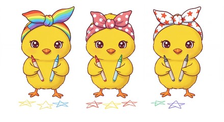 Cute cartoon chicks with colorful headbands and markers