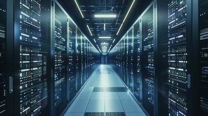Obraz premium Technology background image showing a server room with rows of computers