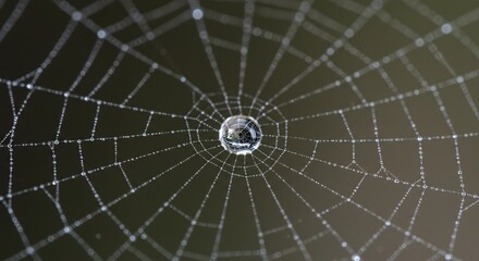 Obraz premium Macro shot of a shimmering spider web adorned with delicate morning dew drops, showcasing nature's intricate artistry and the fragile beauty of its design.