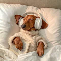 the dog is sleeping A cute dachshund wear Generative ai