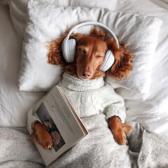 the dog is sleeping A cute dachshund wear Generative ai