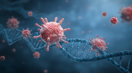 3D rendering of virus cells attacking DNA strand with molecular background. Conceptual illustration of viral infection, genetic mutation, medical threat, and biotechnology research in cellular level