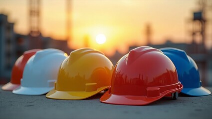 Multicolored Construction Worker Safety Helmets on Table