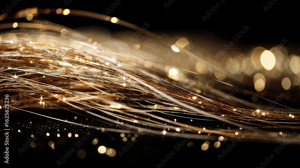 Poster elegant abstract background with gold glittering threads flowing across black surface. luxury sparkl