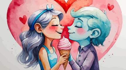 Freehand drawings of a romantic couple sharing ice cream in a heart-shaped scene with pastel tones