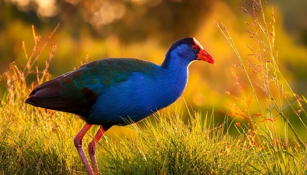australasian swamphen porphyrio melanotus a beautiful interesting wetland bird colorful bird blue with red beak with nice green and orange background photographed in the evening sun