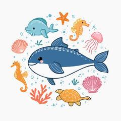 Naklejka premium Delightful marine life illustration showcasing adorable ocean creatures in a whimsical design