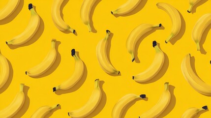 Seamless repeating vector pattern of ripe bananas on vibrant yellow background. Playful tropical fruit design perfect for summer themes, packaging, textiles, and food-related concepts