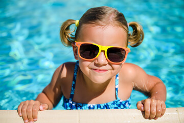 A young girl is smiling as she leans over the edge of a pool, wearing colorful sunglasses and a vibrant swimsuit on a sunny day. Summer holidays concept. Generative AI.