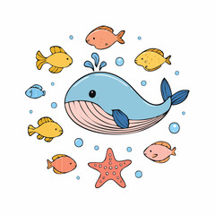 Fototapeta premium Whimsical Ocean Friends: A Colorful Underwater Adventure with Whale and Fish Illustrations