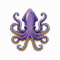 Pixelated Purple Squid: Retro 8-bit Illustration of a Cephalopod, an Underwater Creature