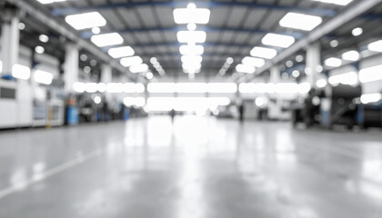 A blurred image of a spacious industrial facility, featuring bright overhead lights and a clean, expansive floor.