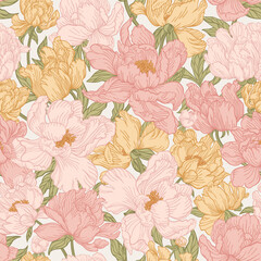 Seamless pattern with pink flowers. Detailed peonies background. Full-coverage floral background. Colorful