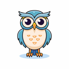 Fototapeta premium Cute Cartoon Owl with Big Eyes and Blue Feathers on White Background Illustration